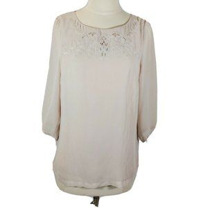 H&M Women's Blouse Size 8 Medium Embroidered 3/4 Sleeve Light Weight Nude
